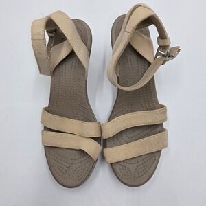 Crocs Womens Wedge Sandals Tan Espadrille Straps Ankle Strap Buckle Size 7
